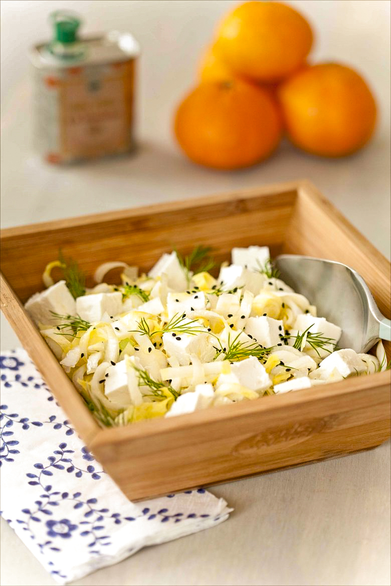 recette de salade d'endives à la feta, huile d'olive et mandarine