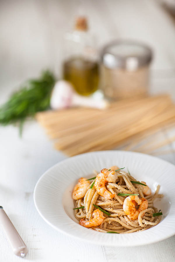 Spaghetti pesto sésame et crevettes sautées©AnneDemayReverdy01