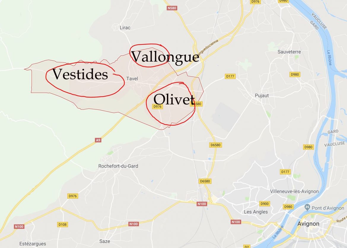 carte de l'aire de l'AOC Tavel avec les 3 zones de terroir, Vestides, Vallongue et Olivet