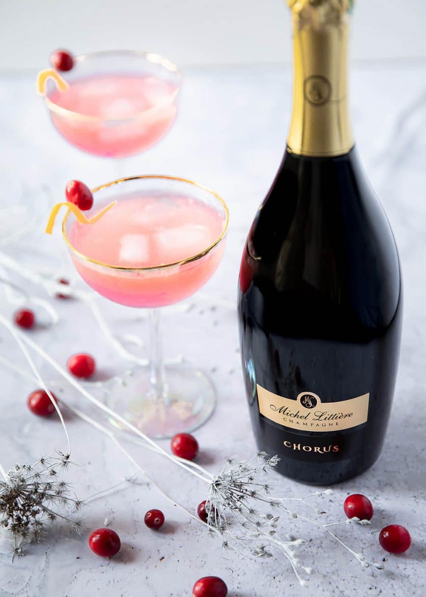 Mon cocktail Cosmopolitan Royal et la bouteille de champagne Chorus de Michel Littière