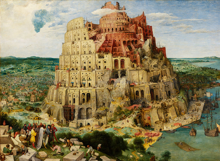 Tableau de Bruegel l'Ancien représentant la Tour de Babel et le roi Nemrod en habits flamands de 1563 