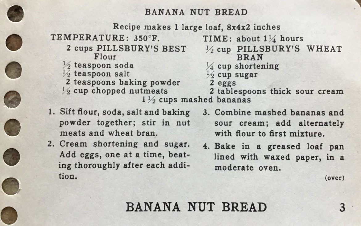 Facsimilé de la recette originale du banana bread du livre Balanced Recipes de la marque Pillsbury